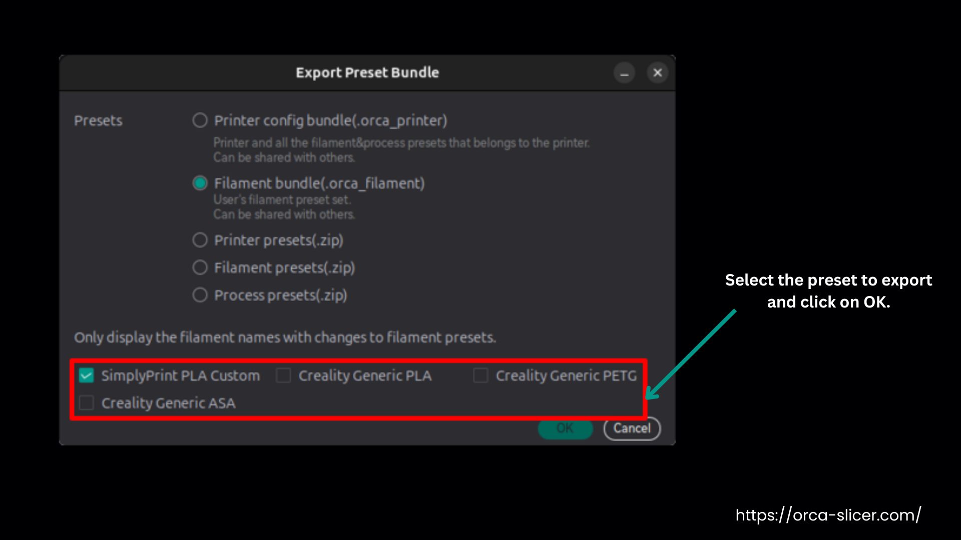 Select the preset to export